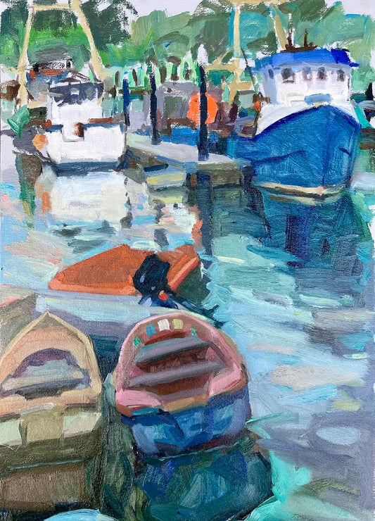Painting of boats docked at a marina with reflections in the water.